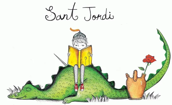 Sant Jordi illusztráció: olvasó lány a sárkányon rózsával
